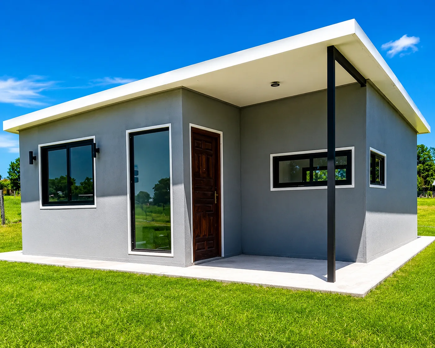 Casa de isopanel gris con techo mono-pendiente y galería cubierta.