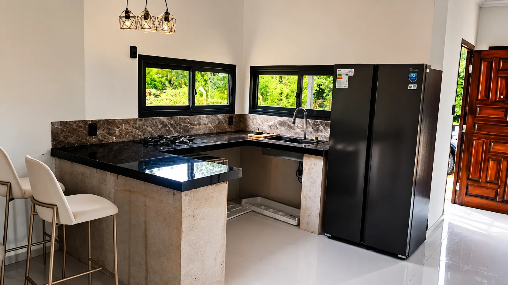 Cocina moderna con mesada de granito y heladera negra.