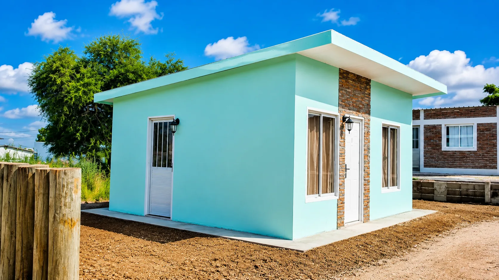 Casa de isopanel color celeste, con detalle en piedra junto a la puerta, sobre cielo despejado.