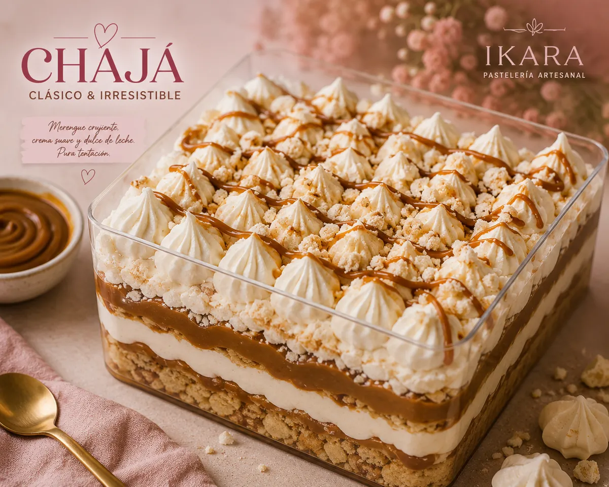 Postre Chajá con merengue y duraznos